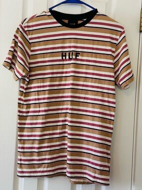 HUF Striped Graphic T-Shirt Men’s Small 100% Cotton Black Salmon Pink Skate